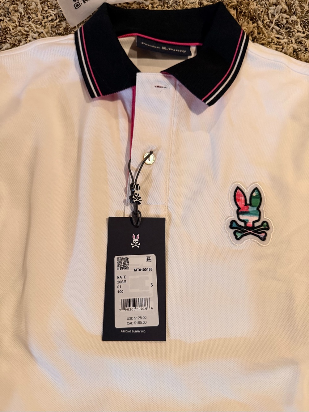 Psycho Bunny White Polo with Navy & Pink Trim